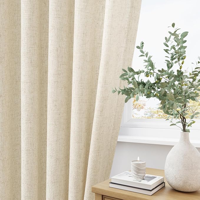 Aersas Beige Pinch Pleated Linen Curtains 84 Inch Length 2 Panels for Living Room Bedroom Cream Semi Sheer Window Curtain Boho Neutral Back Tab Pinch Pleat Drape with Hooks 84 Inches Long