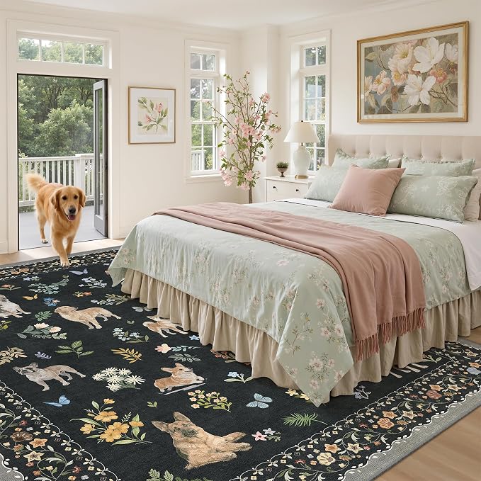 Soalmost Dog 8x10 Area Rugs for Living Room, Washable Animal Soft Rug Black | Floral Vintage Non-Slip Low Pile Cute Throw Large Rugs for Classroom Bedroom Dining Room Nursery Playroom 8' x 10'
