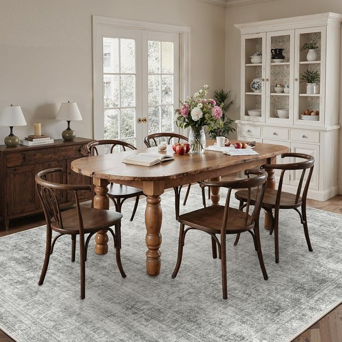 BESBLEE 4X6 Area Rugs Machine Washable Rugs for Living Room, Vintage Boho Large Rugs for Bedroom Dining Room, Non Slip Indoor Soft Distressed Lightweight Thin Low Pile Carpet, Light Grey
