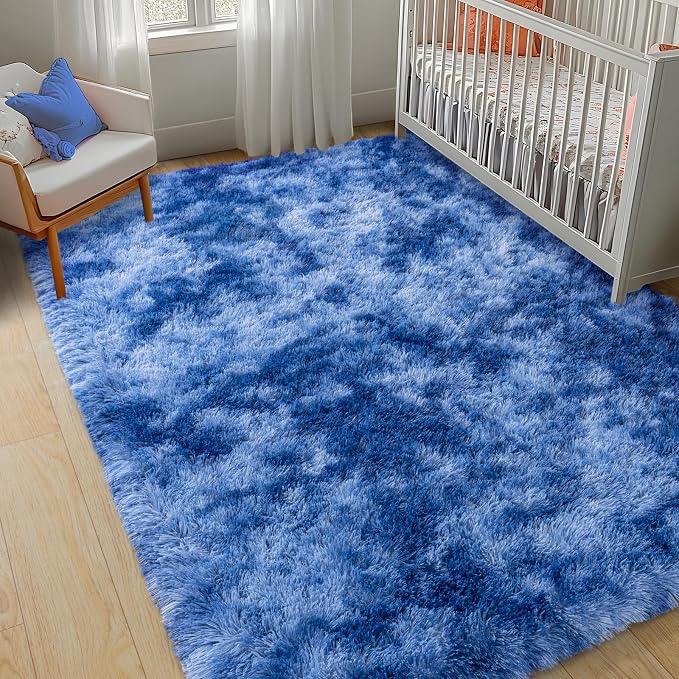 5x7 ft Area Rugs for Living Room, Fluffy Shag Rug for Bedroom | Tie-Dyed Blue, Soft and Comfy, Sage Carpet, Fuzzy Bedside Rug for Nursery, Kids Room, Girls, Boys Dorm Home Decor, Non Slip