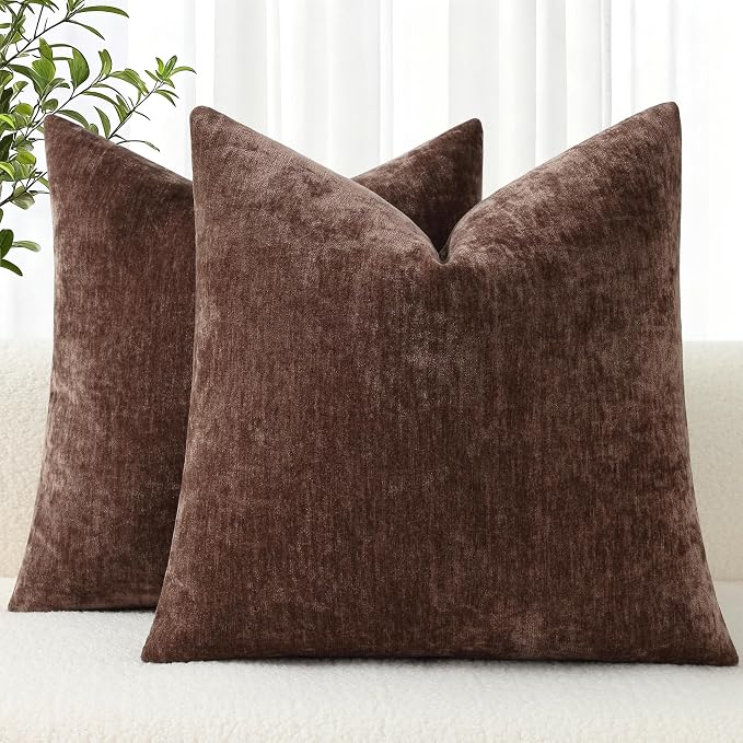 decorUhome Soft Chenille Reddish Brown Throw Pillow Covers 26X26 Set of 2 | Decorative Fall Couch Pillow Covers Solid Dyed Accent Modern Euro Sham Farmhouse Neutral Square Pillow Cases for Sofa