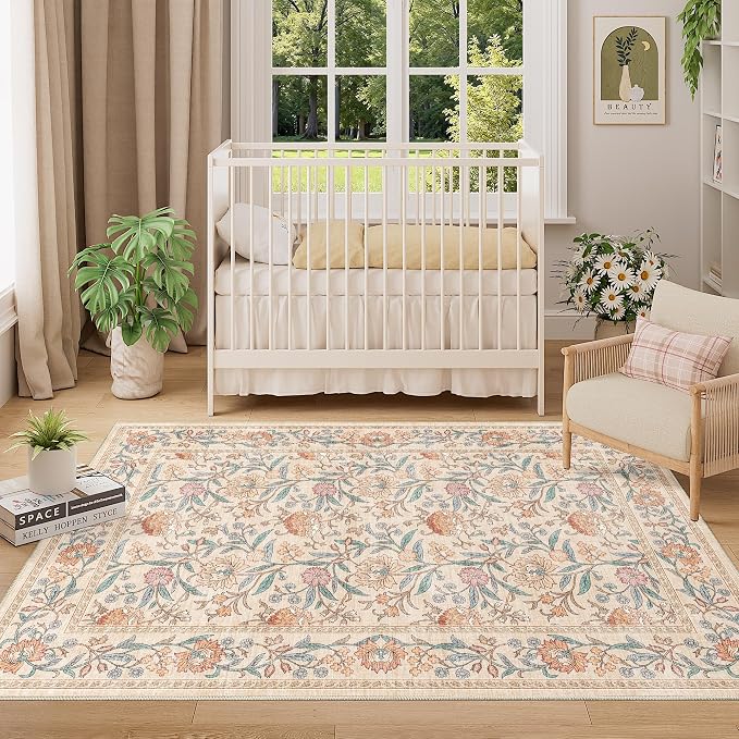 DUKINO 4x6 Area Rug, Washable Vintage Floral Rug for Living Room, Beige | Non Slip, Low Pile, Stain Resistant Boho Lightweight Soft Indoor Carpet for Bedroom Office Dining Room Entryway Farmhouse