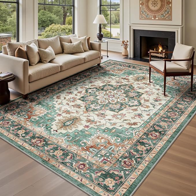 5x7 Area Rugs - Washable Rug Vintage Distress Boho Medallion Rugs for Living Room, Soft Non-Slip Backing Low Pile Carpet for Bedroom Dining Room Office Nursery Dorm Home, Green Brown