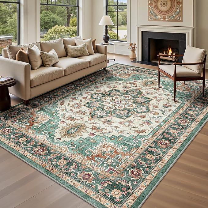 6x9 Area Rugs - Washable Rug Vintage Distress Boho Medallion Rugs for Living Room, Soft Non-Slip Backing Low Pile Carpet for Bedroom Dining Room Office Nursery Dorm Home, Green Brown