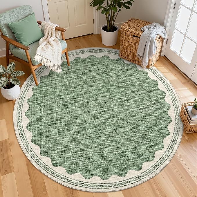 GarveeHome Scalloped Sage Green 4ft Round Rug Washable Non-Slip Soft Ultra-Thin Small Circle Modern Cottage Core Solid Carpet for Entryway Kitchen Bedroom Nursery Dining Room