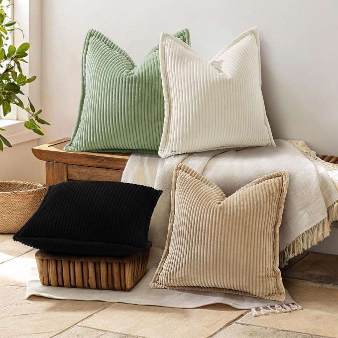 decorUhome Fall Corduroy Black Throw Pillow Covers 16x16 Set of 2 | Couch Decorative Soft Modern Boho Farmhouse Pillow Covers Broadside Striped Pillow Cases for Living Room Bed Sofa