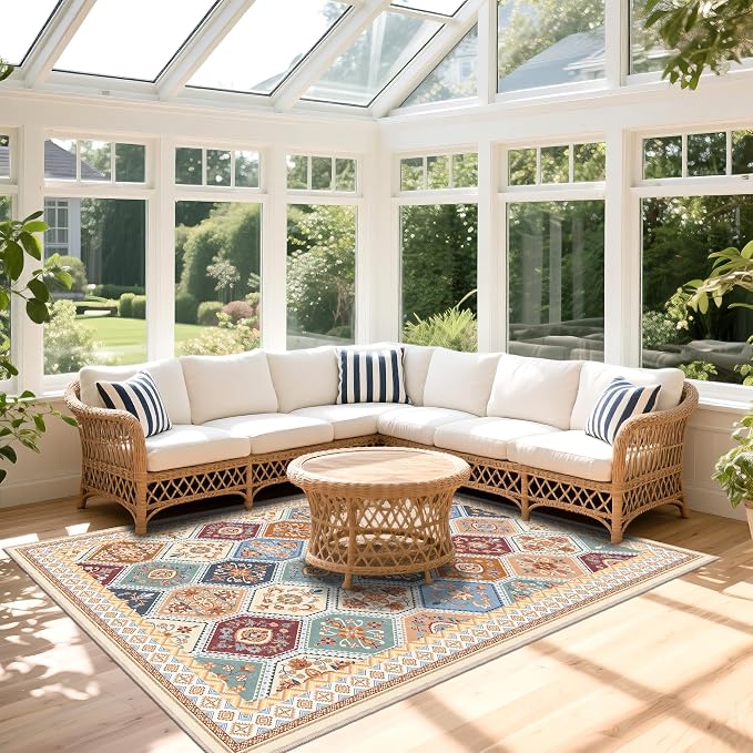 6x9 Area Rugs for Living Room, Soft Non-Slip Vintage Boho Moroccan, Low-Pile Printed Washable Rug Carpet for Living Room, Bedroom, Dining Room, Playroom-Multi | Multi, Soft Low-Pile Printed Washable Rug Carpet for Living Room, Bedroom, Dining Room, Pla...