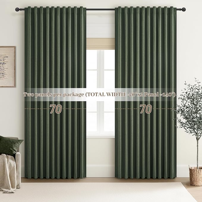 Dark Olive Green Curtains 70 Inch Length Extra Wide Pleated Black Out 108 Inch Long for Living Room, Linen Thick Sliding Glass Door Heavy Duty Insulated Large Window Drapes (70"Wx108"Lx 2Panels Loden)