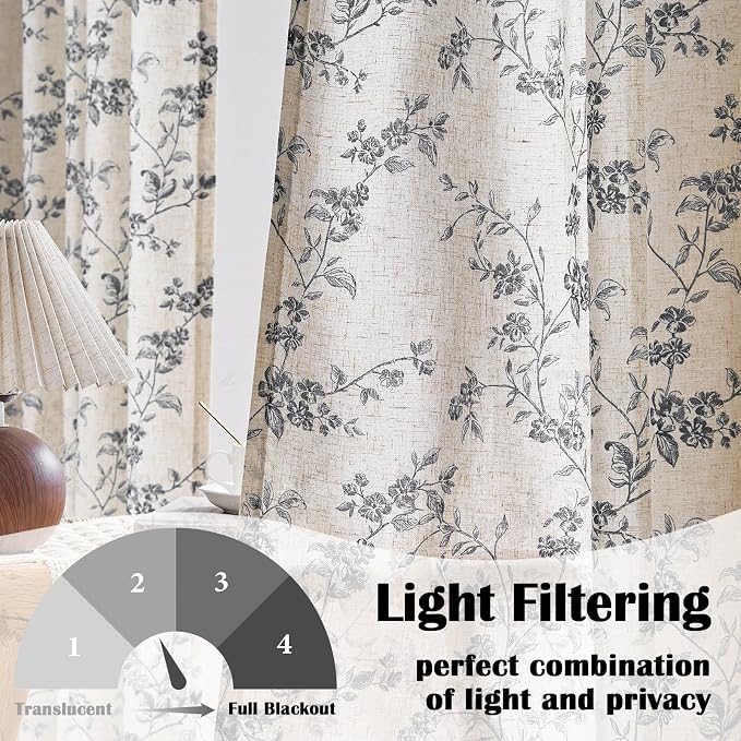 Lazzzy Farmhouse Linen Curtains Black Floral Curtains 96 Inch Length Back Tab Drapes for Living Room Bedroom Light Filtering Country Vintage Rod Pocket, 2 Panels, Black on Beige