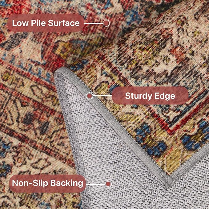 BESBLEE 9X12 Area Rugs Machine Washable Rugs for Living Room, Vintage Boho Large Rugs for Bedroom Dining Room, Non Slip Indoor Soft Distressed Lightweight Thin Low Pile Carpet, Rust Red