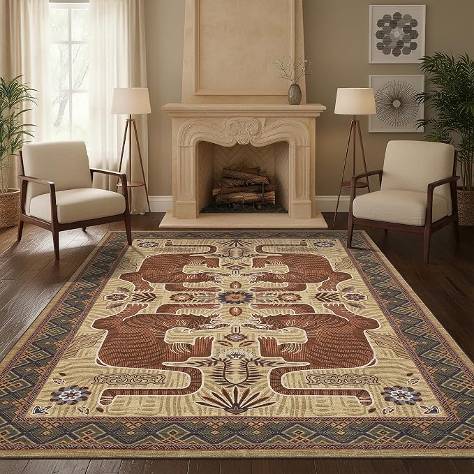 GarveeHome Large Tibetan Tiger Area Rugs 9x12 for Living Room, Boho Tribal Camel Washable Rug Soft Non Slip Vintage Mat Indoor Carpet for Bedroom Dining Room Playroom Nursery Decor