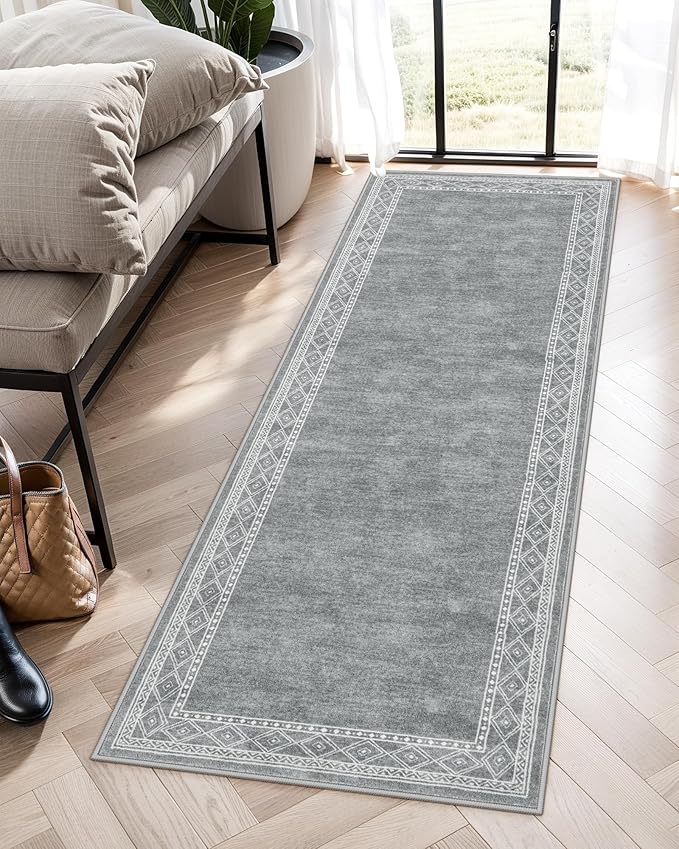 Lahome Modern Bordered Kitchen Runner Rugs Non Skid Washable, 2x6 Runners for Hallways Non Slip Ultra-Thin Hallway Rug, No Shedding Soft Carpet for Entryway Laundry Room Bedroom (2x6ft,Grey)