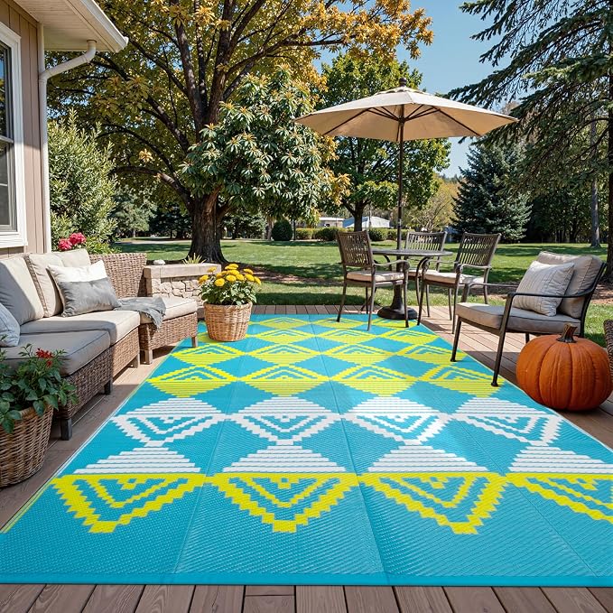 Beeiva Outdoor Rug 8x10 Waterproof for Patio, Reversible Outdoor Patio Rug for Backyard, Deck, Blue Yellow