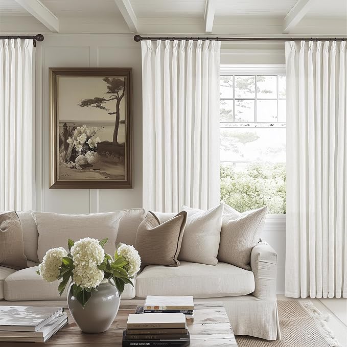 TWODRAPES Beige White Pinch Pleated Linen Curtains 1 Panel for Living Room Bedroom Memory Training Shaped Semi Sheer Pleat Drapes with Hooks Rings Light Filtering Window Curtain 60x108