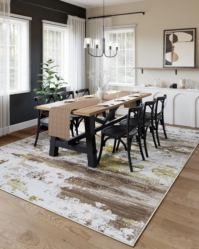 Kelarea Washable Area Rug for Living Room, 8x10 Non Slip Modern Abstract Brown Rugs, Easy Clearning Low Pile Large Carpet for Bedroom, Dining Room, Nursery, Office