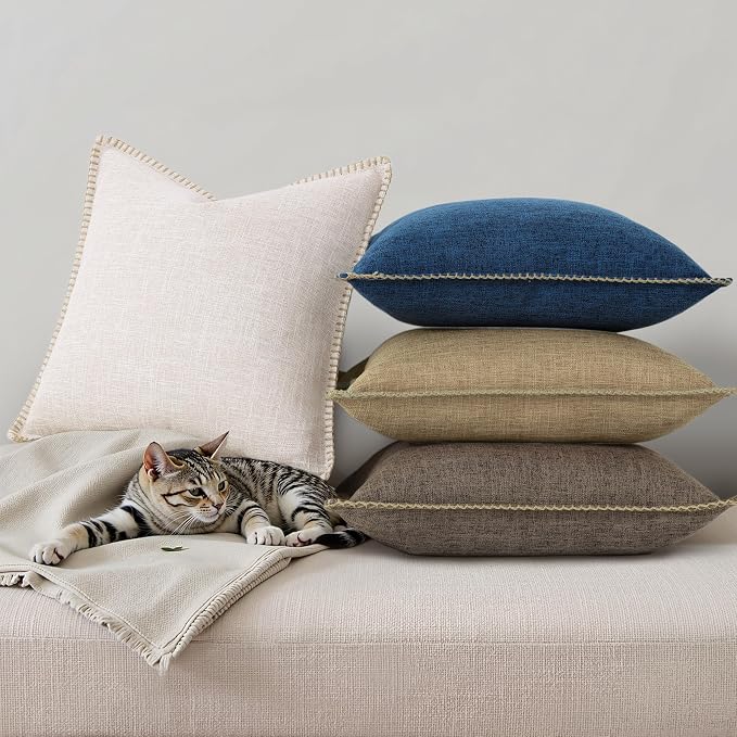 decorUhome Khaki Faux Linen Outdoor Throw Pillow Covers 24x24 Set of 2 | Fall Decorative Textured Neutral Modern Farmhouse Pillow Covers with Stitched Edge for Couch Sofa Bed Living Room