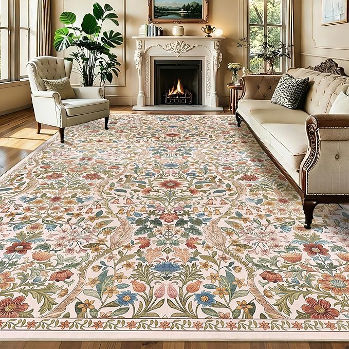 10x14 Beige Vintage Floral Area Rug,Washable Large Boho Living Room Rugs,Botanical Print Non-Slip Stain Resistant Lightweight Carpet for Bedroom Dining Room Nursery