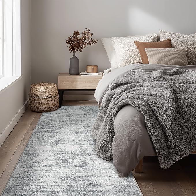 Abstract Grey Kitchen Rugs Non Slip Washable Soft Bedside Rug Runner 2x6 | Light Gray Floor Covering Carpet, for Hallway Bedroom Laundry Room, Modern Boho Minimalist, Low Pile Foldable, Rubber Backing