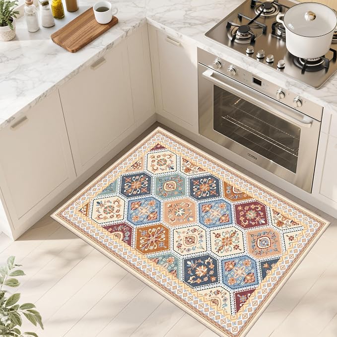 2x3 Washable Entryway Rugs, Soft Non-Slip Boho Moroccan Rug, Low-Pile Printed Indoor Throw Rugs for Entrance, Kitchen, Bedroom Bedside- Multi | Soft Low-Pile Printed Indoor Throw Rugs for Entrance, Kitchen, Bedroom Bedside