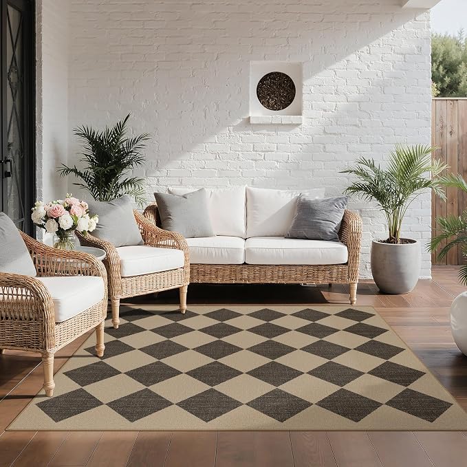 GENIMO Indoor Outdoor Area Rug 6'x9', Checkered Easy Jute Rug Machine Washable, Easy-Cleaning, Non Slip Geometric Diamond Outdoor Carpet for Patio, Living Room, Backyard, Porch, Deck, Balcony