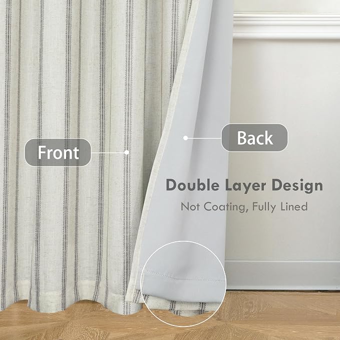 DriftAway Farmhouse Stripe Blackout Curtains, W52xL108, Gray | Blackout, Linen Texture, Stripe Pattern, Rod Pocket & Back Tab, Two Layers, Bedroom Living Room Use, Sound Reducing Design