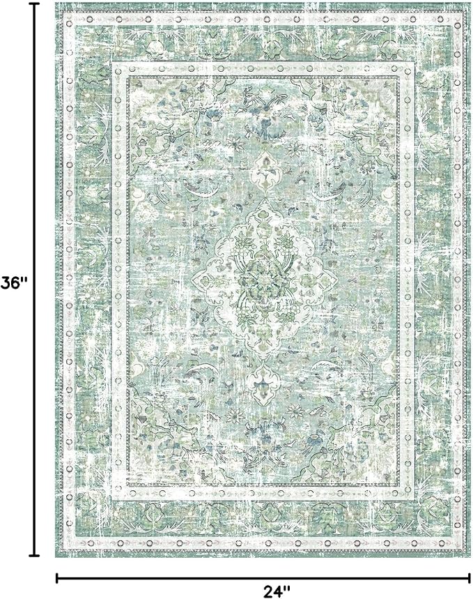 Vhong Boho Area Rugs Washable Vintage Modern Neutral Small Carpet Sage Green 2×3 High Traffic Rugs Doormat for Bathroom Kitchen Entryway Non Slip