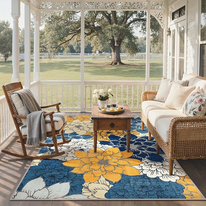 GENIMO 4x6 Outdoor Rug, Washable for Porch and Patio, Blue | Floral design for balcony; fade resistant chenille with quick-dry non-slip backing for deck and indoor space