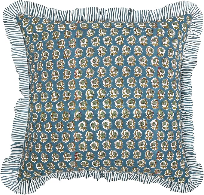 Ridhi Block Print Peacock Blue Throw Pillow Cover 16" x 16" (Pack of 2) Decorative Cushion Covers with Ruffle for Couch, Sofa, Bed, Living Room, Home Decor Gift for Spring, Easter, Valentine