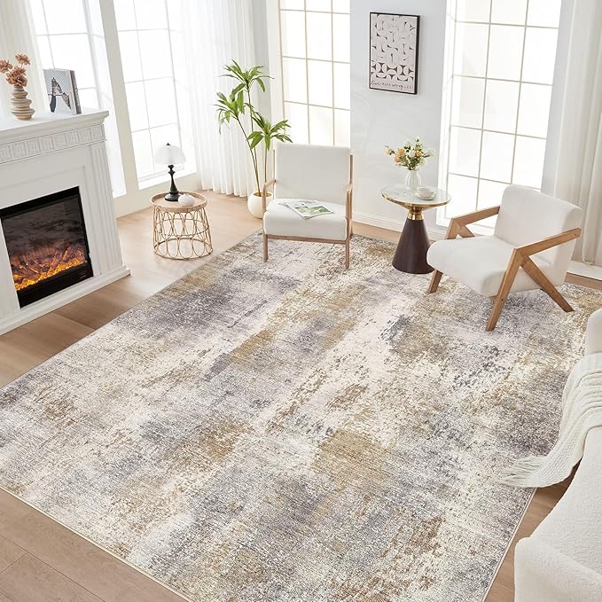 DMOYEST Area Rug Living Room Rugs - 6x9 Washable Soft Indoor Neutral Modern Abstract Low Pile Rug Carpet for Bedroom Dining Room Farmhouse Home Office - Brown Grey