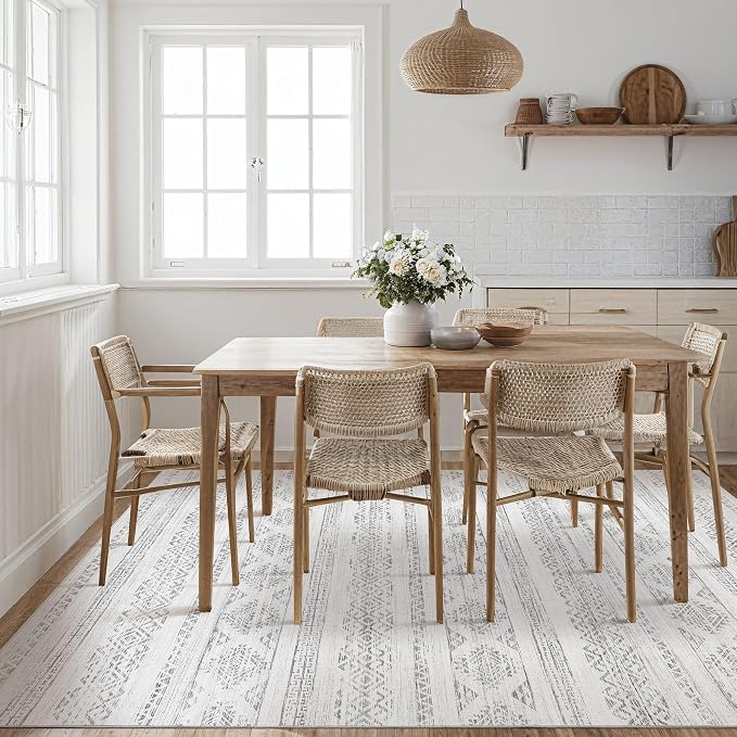 Tortania Area Rug Living Room Rugs - 5x8 Washable Large Soft Neutral Boho Moroccan Bohemian Farmhouse Rug Indoor Floor Carpet for Bedroom Under Dining Table Home Office Decor - Ivory Gray