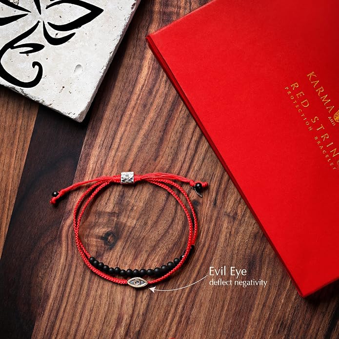 KARMA AND LUCK - Brave Gaze - Men's Real Matte Onyx/Jade Stone Bronze Brass Evil Eye Charm Red String Adjustable Drawstring Closure Bracelet Handmade with Love in Bali
