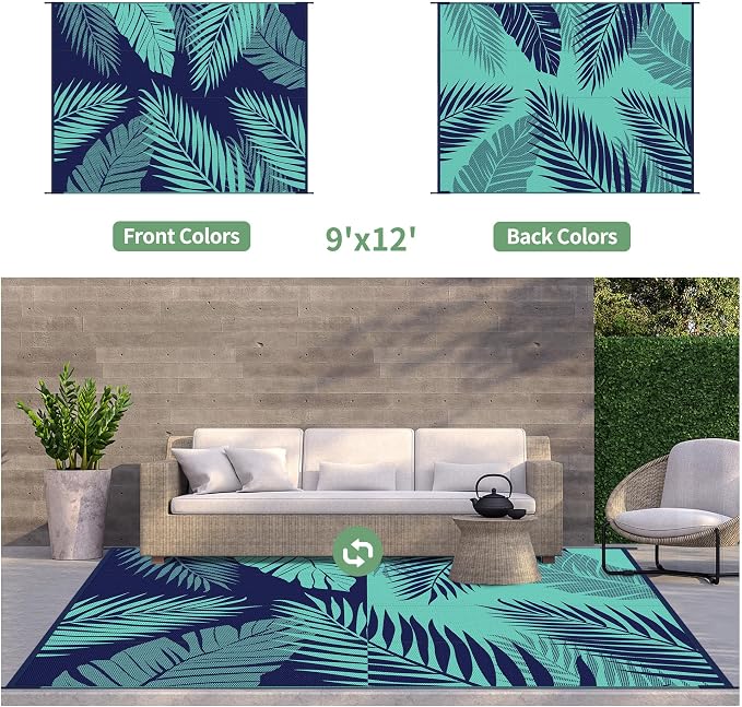 GENIMO Outdoor Rug, Waterproof Plastic Rugs for Patio, 9'x12' Blue Green | Outside Larger Leaf Carpet Mat for Porch Decor, Deck, Balcony, Camping, RV, Backyard, Picnic, Beach, Reversible, Foldable