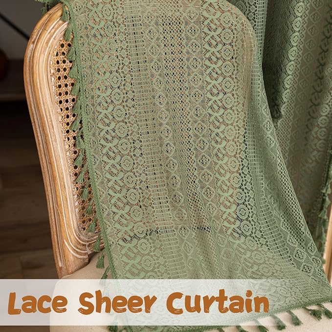 Sutuo Home Olive Green Boho Doorway Curtains for Doorway Closet, Lace Sheer Door Curtains for Front Door Crochet Vintage Tassels Bohemian Privacy Temporary Room Divider Rod Pocket,1 Panel 37" x 80"