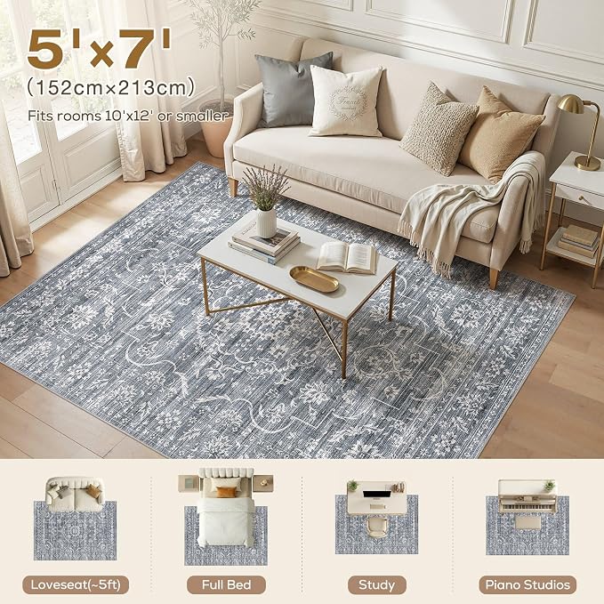 Nakagishi 5x7 Area Rugs Living Room: Washable Large Vintage Rug Neutral Non-Slip Soft Stain Resistant Indoor Carpet for Bedroom Nursery Dining Room Office Playroom - Retro Blue