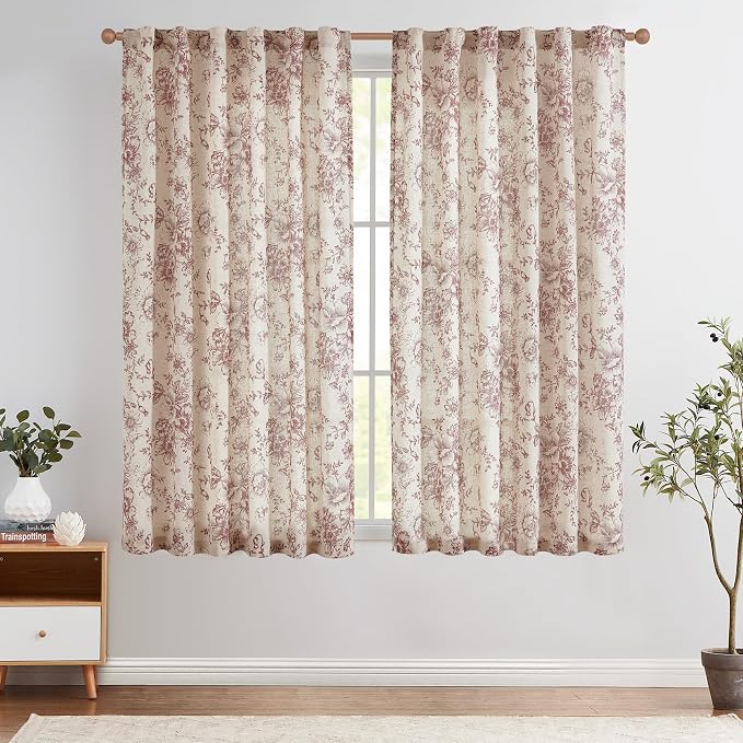 jinchan Red Floral Linen Curtains 45 Inch Vintage Back Tab 2 Panels | Light filtering drapes, semi sheer, farmhouse, cottagecore, rustic, living room, bedroom, rod pocket, window treatment