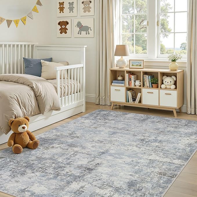 Area Rugs 5x7, Non Slip Low Pile Soft Washable Rug for Living Room | Modern Abstract Large Carpet, Stain Resistant and Kid & Pet Friendly, Made for Bedroom, Under Dining Table - Blue Gray