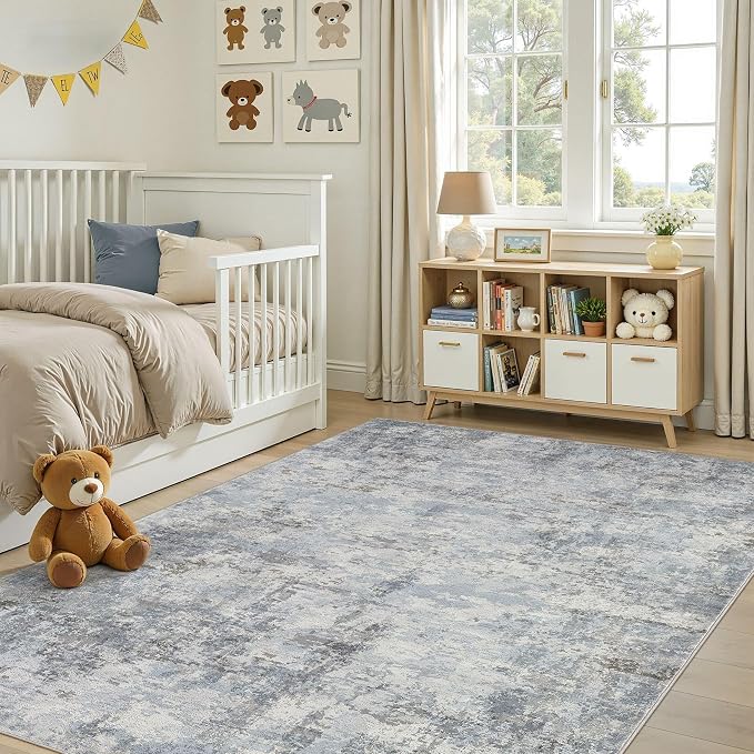 6x9 Area Rug, Non Slip Low Pile Washable Large Rug for Living Room | Soft Modern Abstract Carpet, Stain Resistant Kid & Pet Friendly, Made for Dining Room, Nursery, Office Indoor - Blue Gray