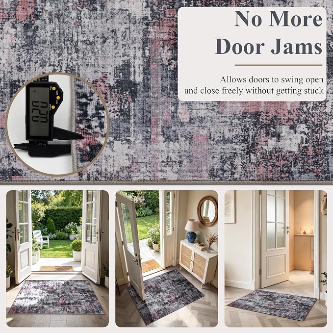 Sasttie 2x12 Soft Runner Rug for Entryway, Modern Abstract Washable Carpet for Hallway, Kitchen and Laundry Room, with Non-Slip Backing, Black and Pink