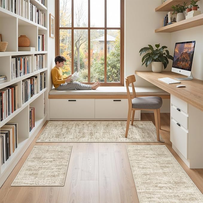 Kitchen Rugs Sets of 3, 2x3 2x4 2x5 Rug Runner,Brown | 3 Piece Washable Rug for Hallway,Entryway,Bedroom,Dining Room,Thin,Soft Runner Rug,Stain Resistant Indoor Carpet,Non Slip