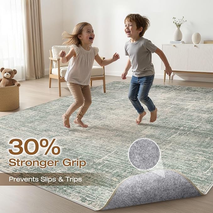 5x7 Area Rugs Living Room: Washable Large Neutral Green Rug Abstract Soft Modern Stain Resistant Indoor Floor Non-Slip Carpet for Bedroom Nursery Kids Office Playroom Dining Room Under Table Home