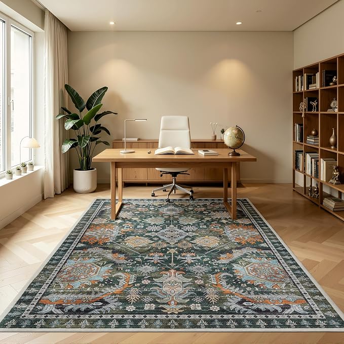 Ruaruarug Area Rug 5'×7', Non Slip Machine Washable Ultra Soft Stain & Fade Resistant, Pet & Kids Friendly, for Living Room/Bedroom/Kitchen/Classroom, Dark Green