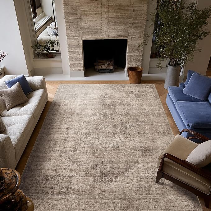 Machine Washable Rugs for Living Room: 6x9 Area Rugs for Bedroom Ultra Soft Non-Slip Low Pile Vintage Distress Boho Large Carpet for High-Traffic Dining Room - Farmhouse Decor