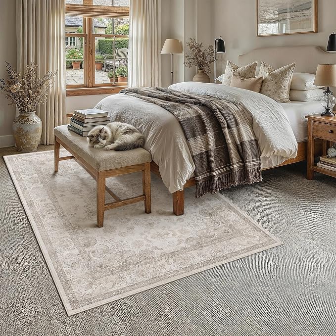 PureCozy Beige Area Rug 6x9 Washable Vintage Living Room Bedroom Carpet Non Slip Soft Low Pile Distressed Medallion Indoor Floor Retro Throw Large Rug for Dining Room Office