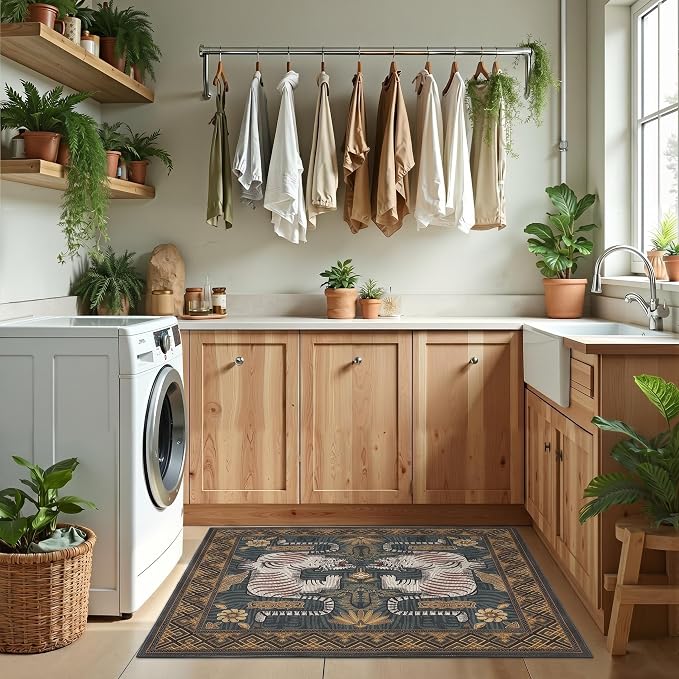 GarveeHome Boho Tiger Entryway Rug, 2x3 Vintage Tribal Washable Front Door Rug Indoor Entrance Animal Carpet Non-Slip Low Pile Throw Rugs for Kitchen Floor, Powder Room, Entry, Bathroom, Kids Room