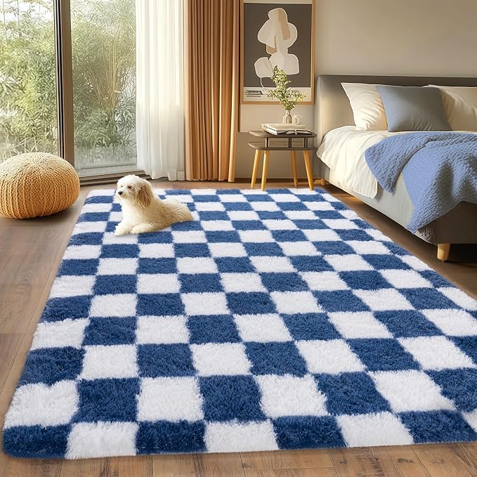 Checkered Rugs for Bedroom Girls, 4x5.9 Shag Carpet for Living Room | Shaggy Shag Carpet, Soft and Comfy, Non Slip Big Fuzzy Carpet for Bedroom Nursery Kids Girls Boys Room Dorm Home Decor