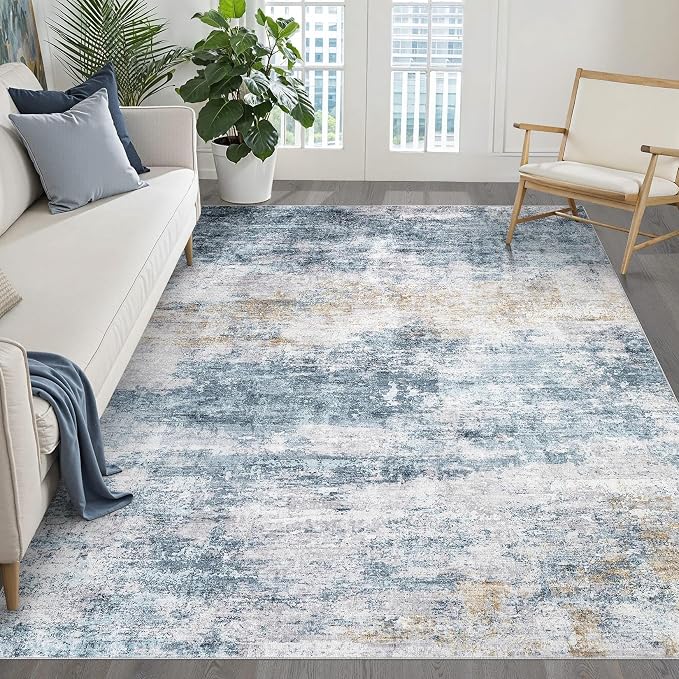 5x8 Area Rug Living Room: Washable Large Neutral Rug Abstract Soft Modern Stain Resistant Indoor Floor Non-Slip Carpet for Bedroom Nursery Kids Office Playroom Dining Room Under Table- Blue Gold