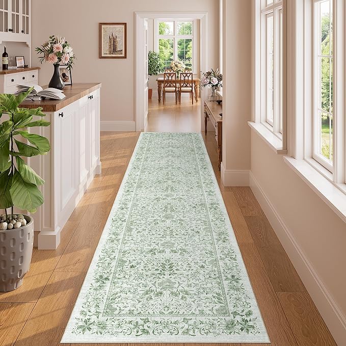 DUKINO 2x8 Runner Rug, Washable Vintage Floral Kitchen Rug, Sage Green | Non Slip, Low Pile, Non-Shedding, Stain Resistant Aesthetic Soft Carpet Runner for Hallway Bathroom Laundry Bedroom Entryway