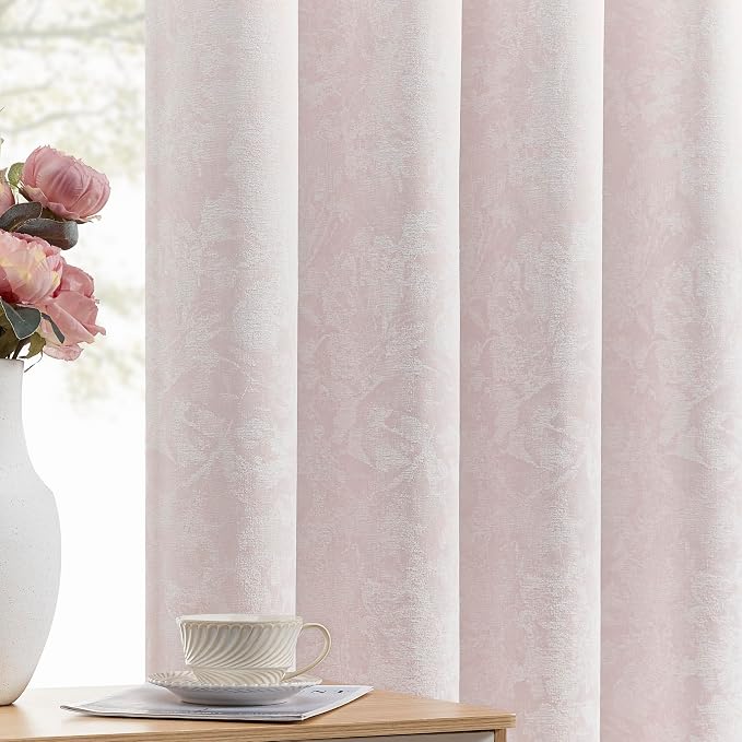 Beauoop Pink Floral Jacquard Blackout Curtains for Bedroom 52x84 2 Panels | Flower Chenille Room Darkening Drapes for Living Room 84 Inch Long Thermal Insulated Soundproof Window treatment Grommet