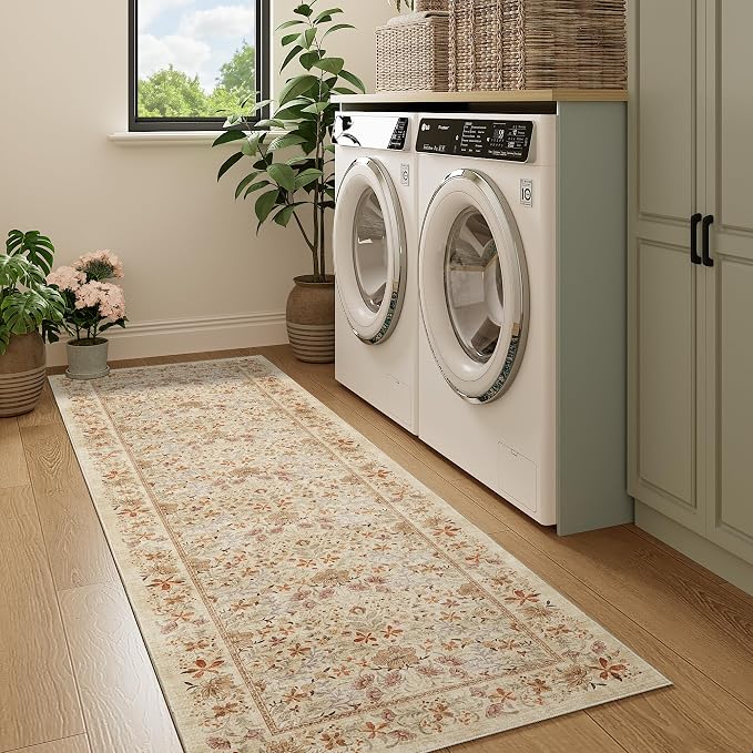 DUKINO 2x6 Runner Rug, Washable Vintage Floral Kitchen Rug, Beige | Non Slip, Low Pile, Stain Resistant Boho Soft Throw Carpet Runner for Hallway Bathroom Laundry Bedroom Entryway, Non-Shedding