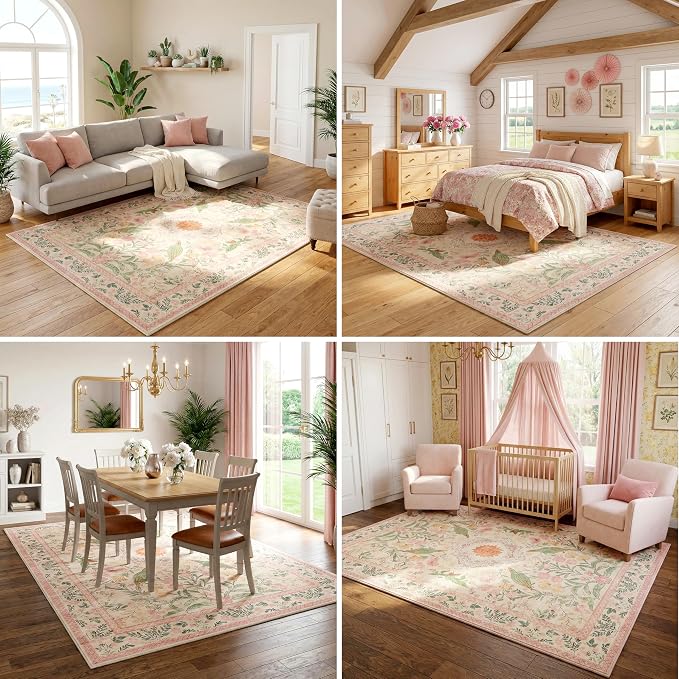 Washable Nursery Rug 5'x7', 0.3" Ultra Soft Cottagecore Area Rug, Non-Slip Cotton-Backed Silicone Grip, Water-Resistant Faux Wool Carpet for Baby Girls Bedroom, Cream/Pink/Sage